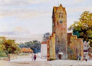 Shop 1890s. Watercolour of Clock Tower by an unknown artist. The new Shop can be seen behind Clock Tower. This painting also shows the Fives courts about Clock Tower extremely well. (See Object no 10 for a discussion about these)