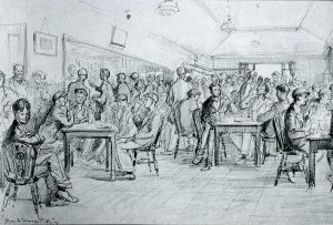 Shop 1947. The tea room in Shop. A drawing by Bryan de Grineau in the Illustrated London News, 1947